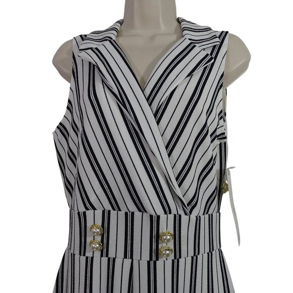Almost Famous Striped Sleeveless Jumpsuit Women Size L Pearl Button Wide Leg NEW - Picture 2 of 16